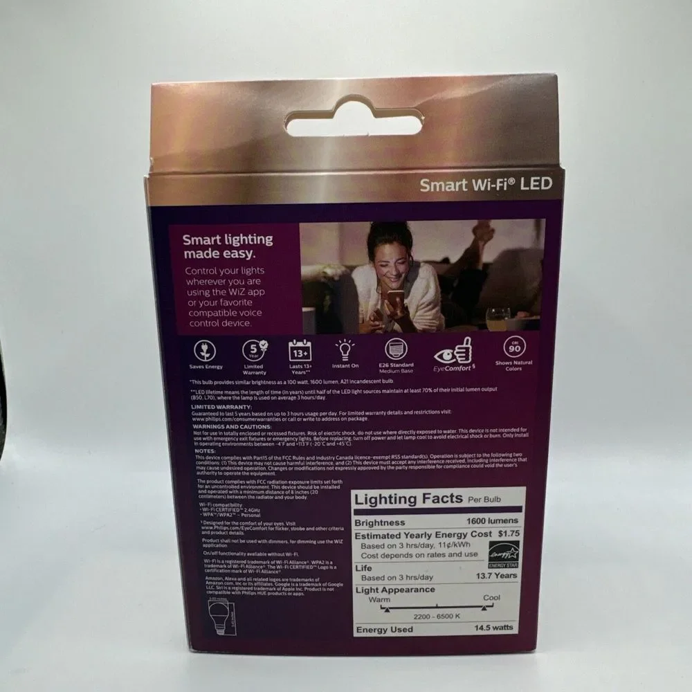 Phillips Wiz 100W Dimmable Smart WiFi LED Bulb Full‎ Color & White 1600 Lumens